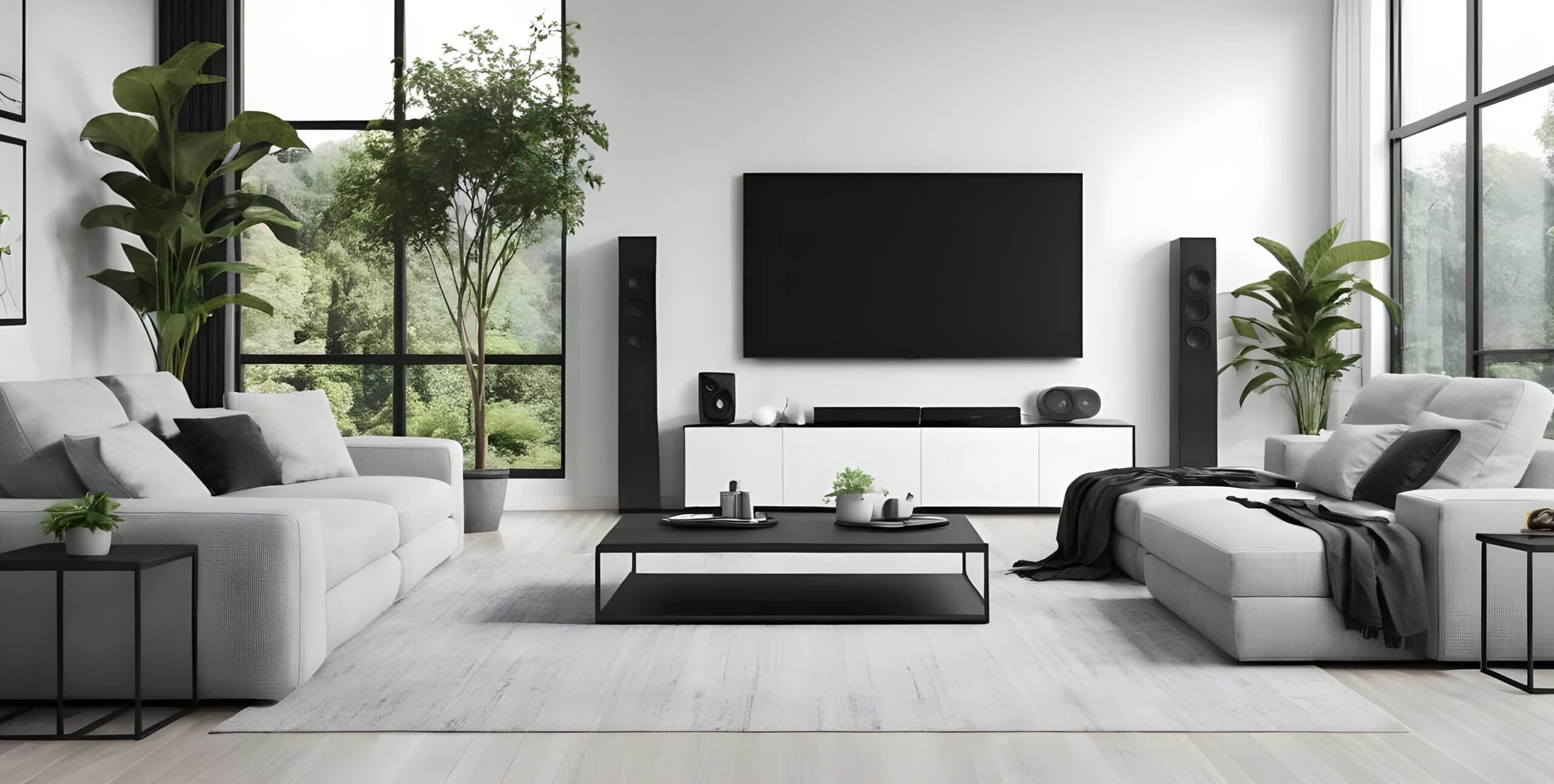 Home cinéma noir moderne installé dans un salon design minimaliste