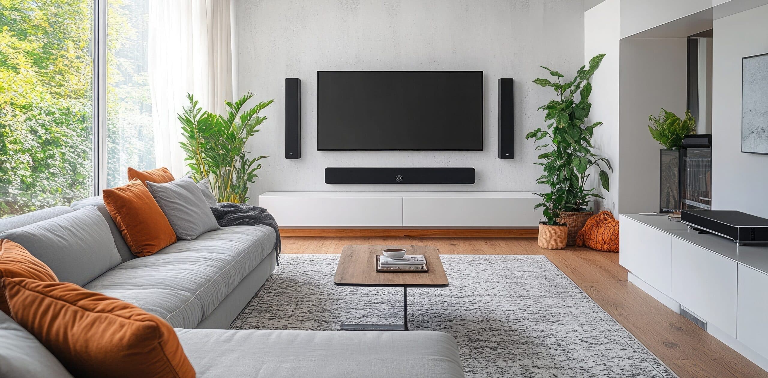 Salon moderne avec meuble TV et home cinéma.