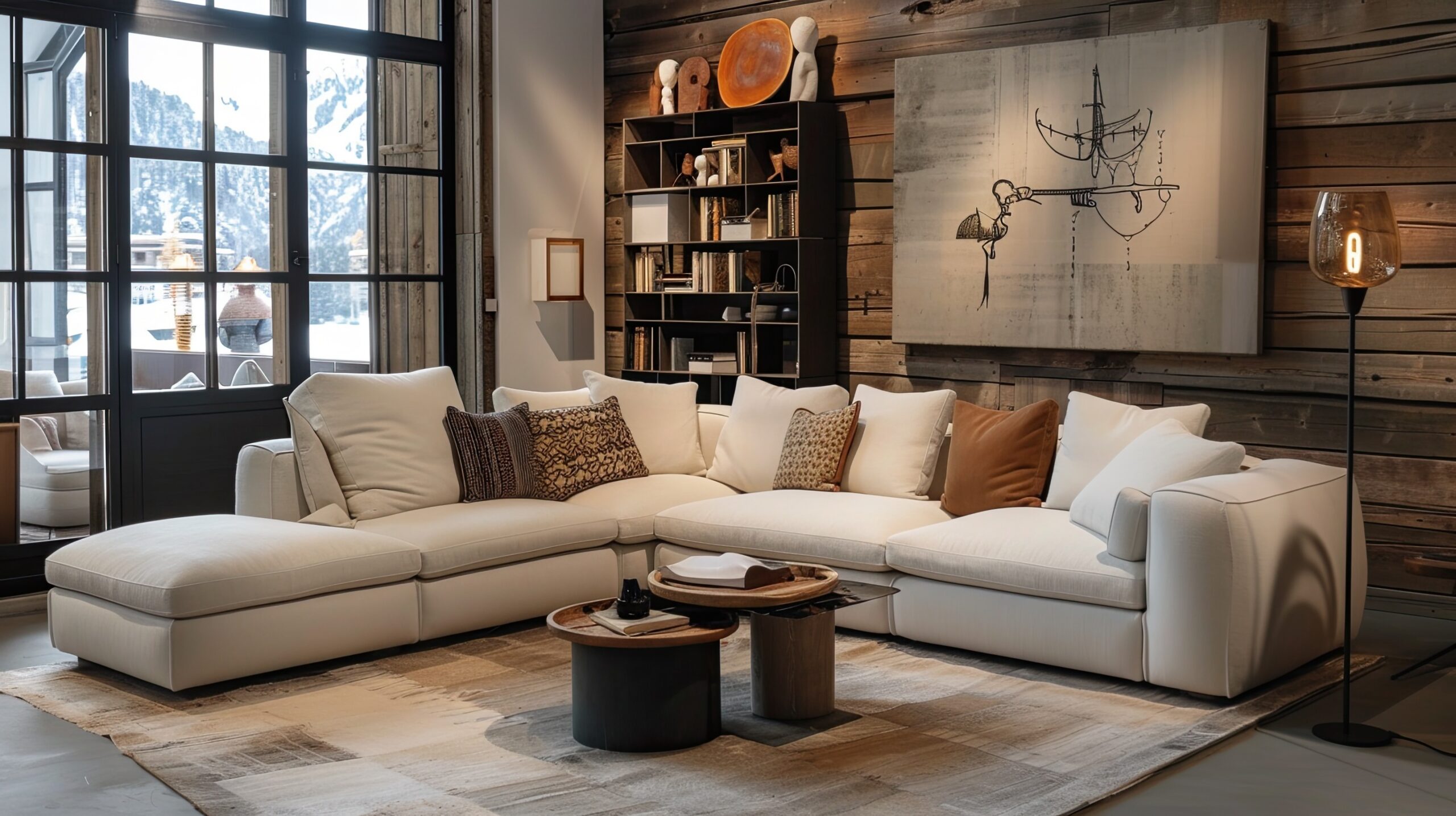 Canapé modulable beige dans un salon moderne avec plusieurs modules et une grande méridienne.