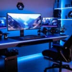 Setup gaming complet avec chaise ergonomique, PC lumineux et éclairage LED bleu.