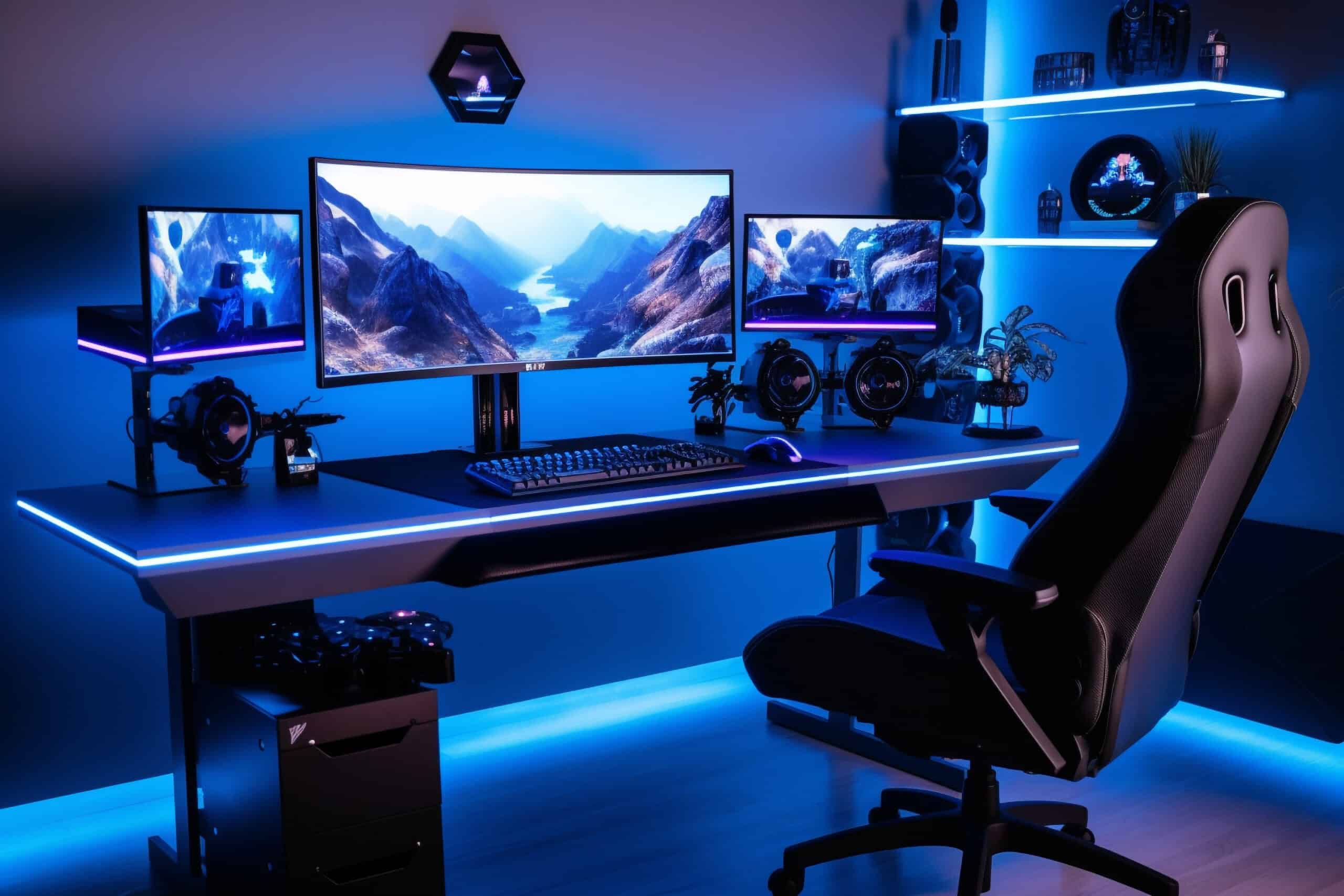 Setup gaming complet avec chaise ergonomique, PC lumineux et éclairage LED bleu.
