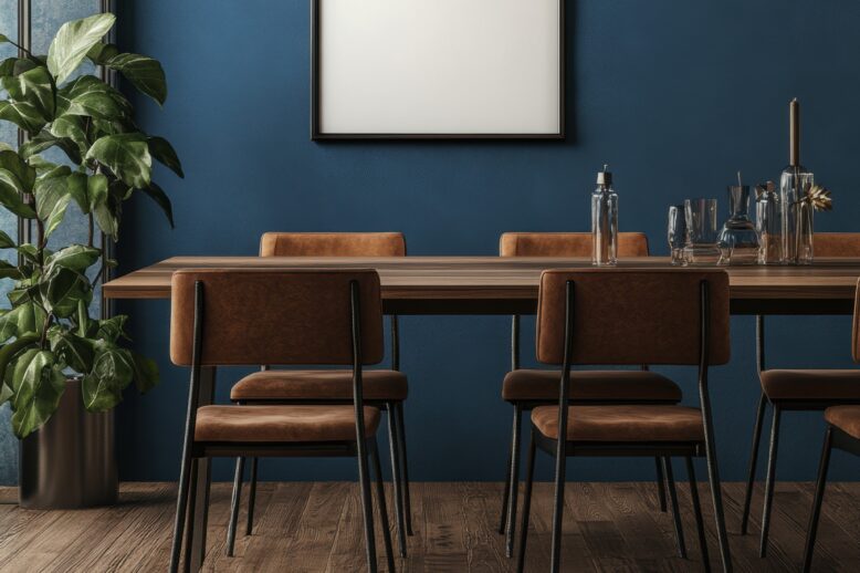 table à manger en bois avec chaises en cuir dans un intérieur moderne