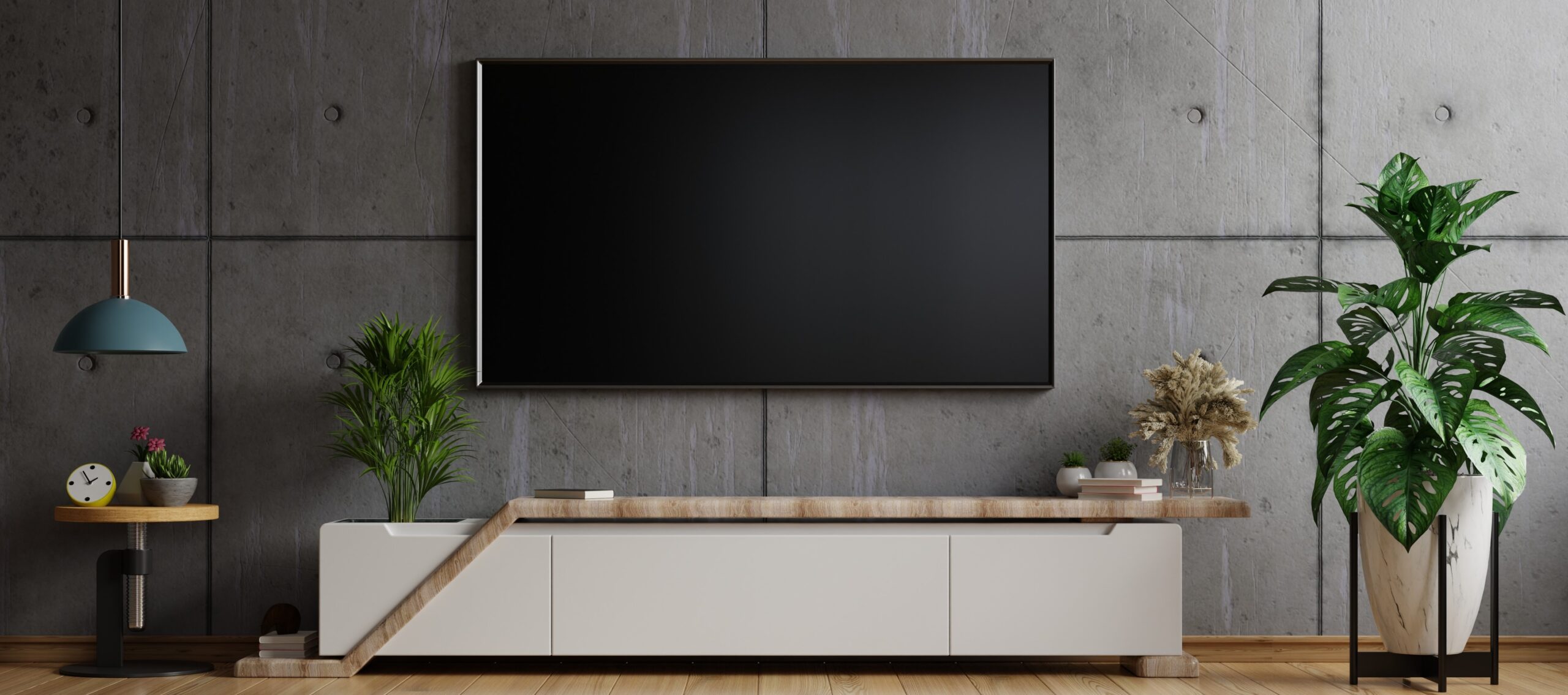 Tv éteinte dans un salon.