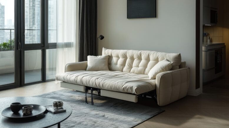 Salon moderne lumineux avec grand canapé beige, table basse en bois, décoration contemporaine et grandes fenêtres laissant entrer la lumière naturelle.
