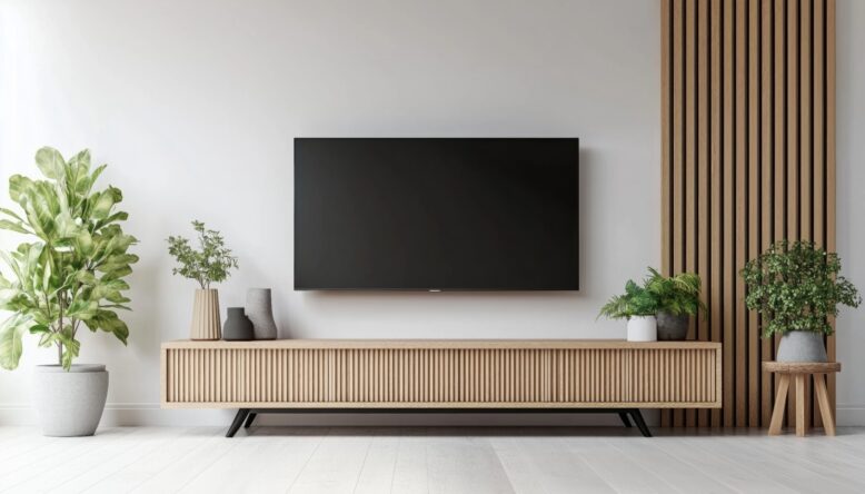 Mur TV avec télévision murale intégrée sur un panneau à lattes en bois, dans un salon lumineux au style contemporain