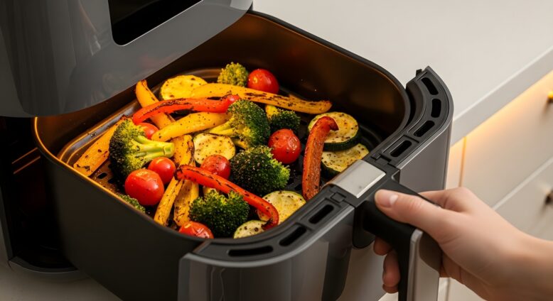 Légumes rôtis cuits dans un air fryer, mettant en avant une cuisson saine et homogène avec peu de matières grasses.