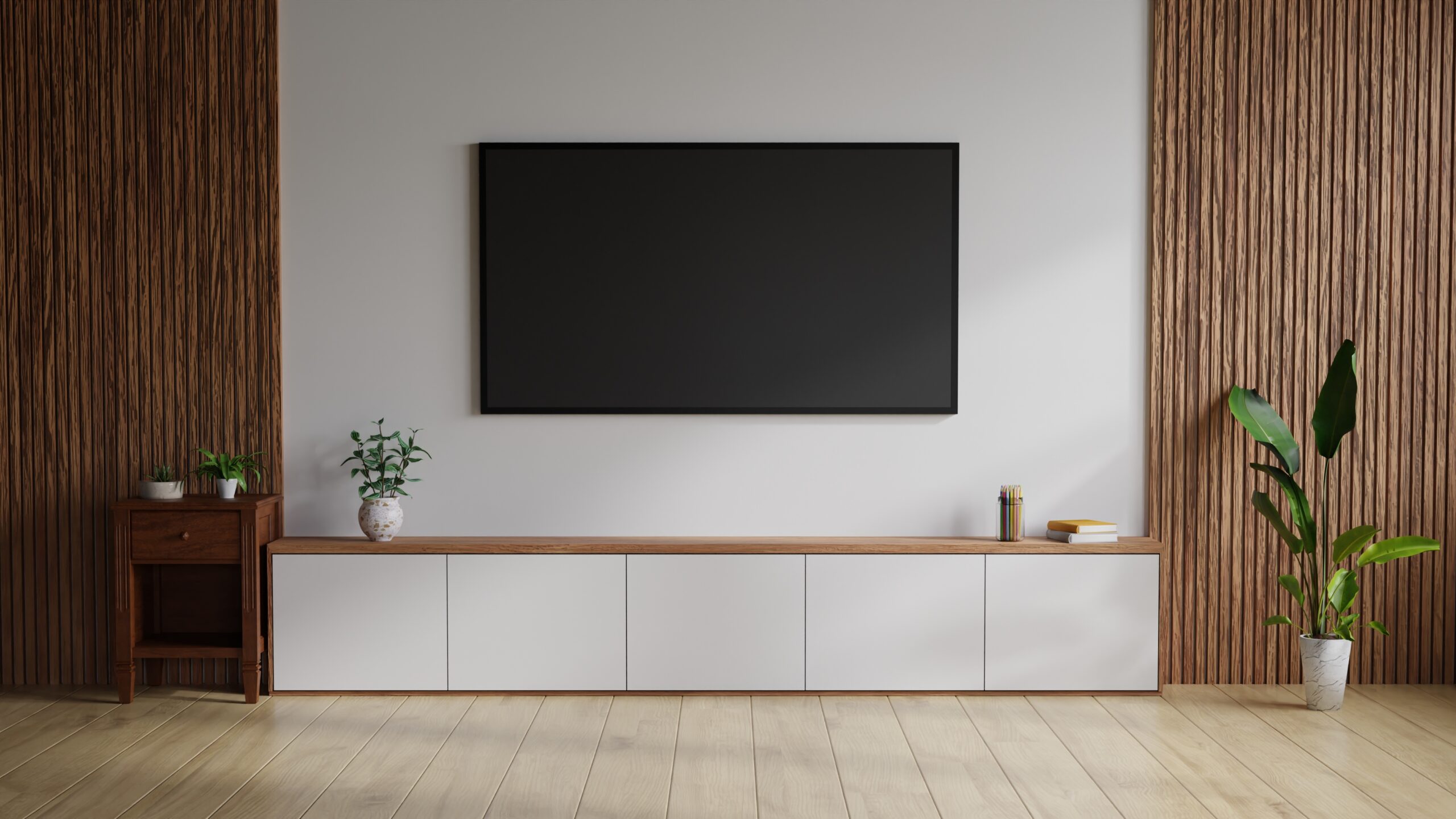 Mur TV moderne avec télévision murale intégrée dans un salon au design épuré et chaleureux