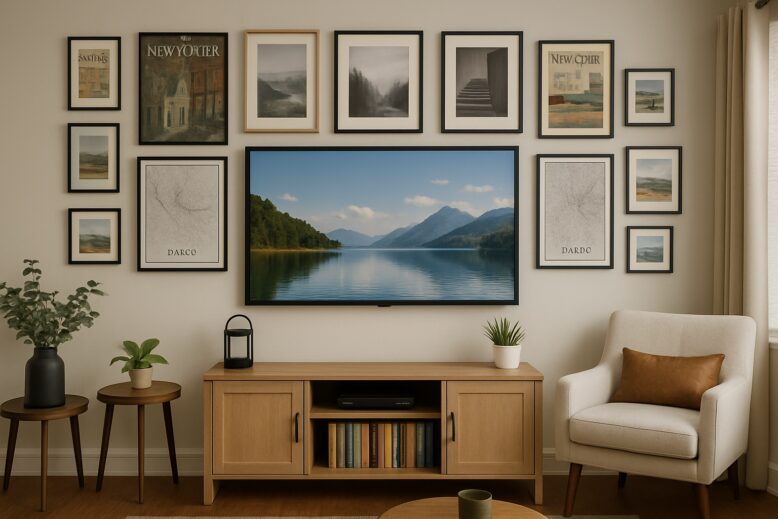 Mur TV avec télévision intégrée dans une galerie de cadres décoratifs, créant une ambiance chaleureuse et contemporaine dans le salon.