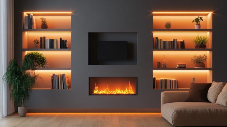 Mur TV avec niches rétroéclairées intégrées, mettant en valeur la télévision et les objets décoratifs dans un salon contemporain.