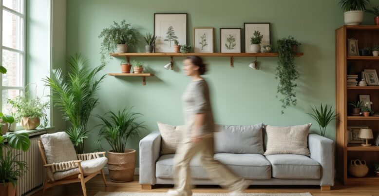 Salon lumineux décoré de plantes, avec une femme en mouvement.