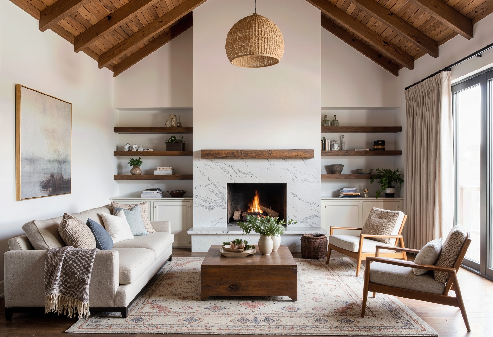 Salon chaleureux avec cheminée, plafond en bois apparent et décoration dans des tons naturels.