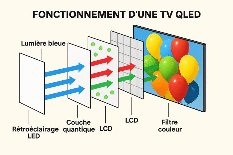 Schéma du fonctionnement d’une TV QLED avec rétroéclairage LED et points quantiques