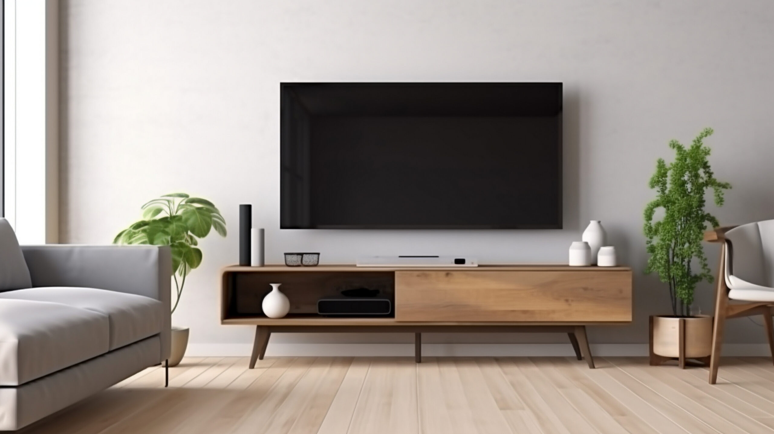 Salon moderne avec télévision posée sur un meuble en bois et décoration minimaliste.