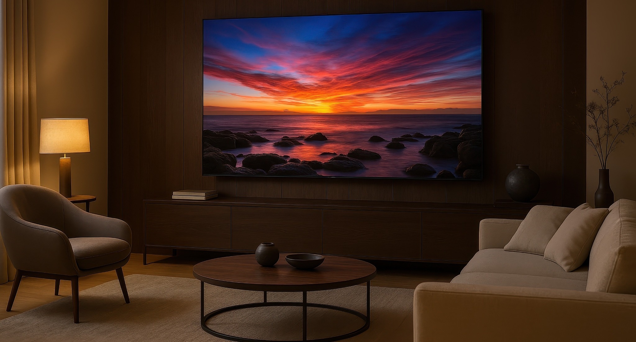 Téléviseur OLED affichant un paysage coloré dans un salon moderne avec éclairage tamisé.