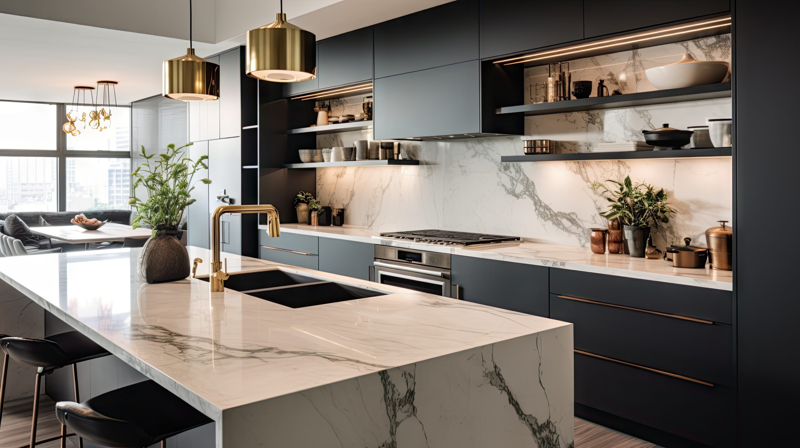 Salon moderne et lumineux avec canapé beige, grandes baies vitrées et vue sur le fleuve