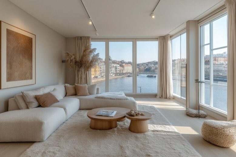 Salon moderne et lumineux avec canapé beige, grandes baies vitrées et vue sur le fleuve