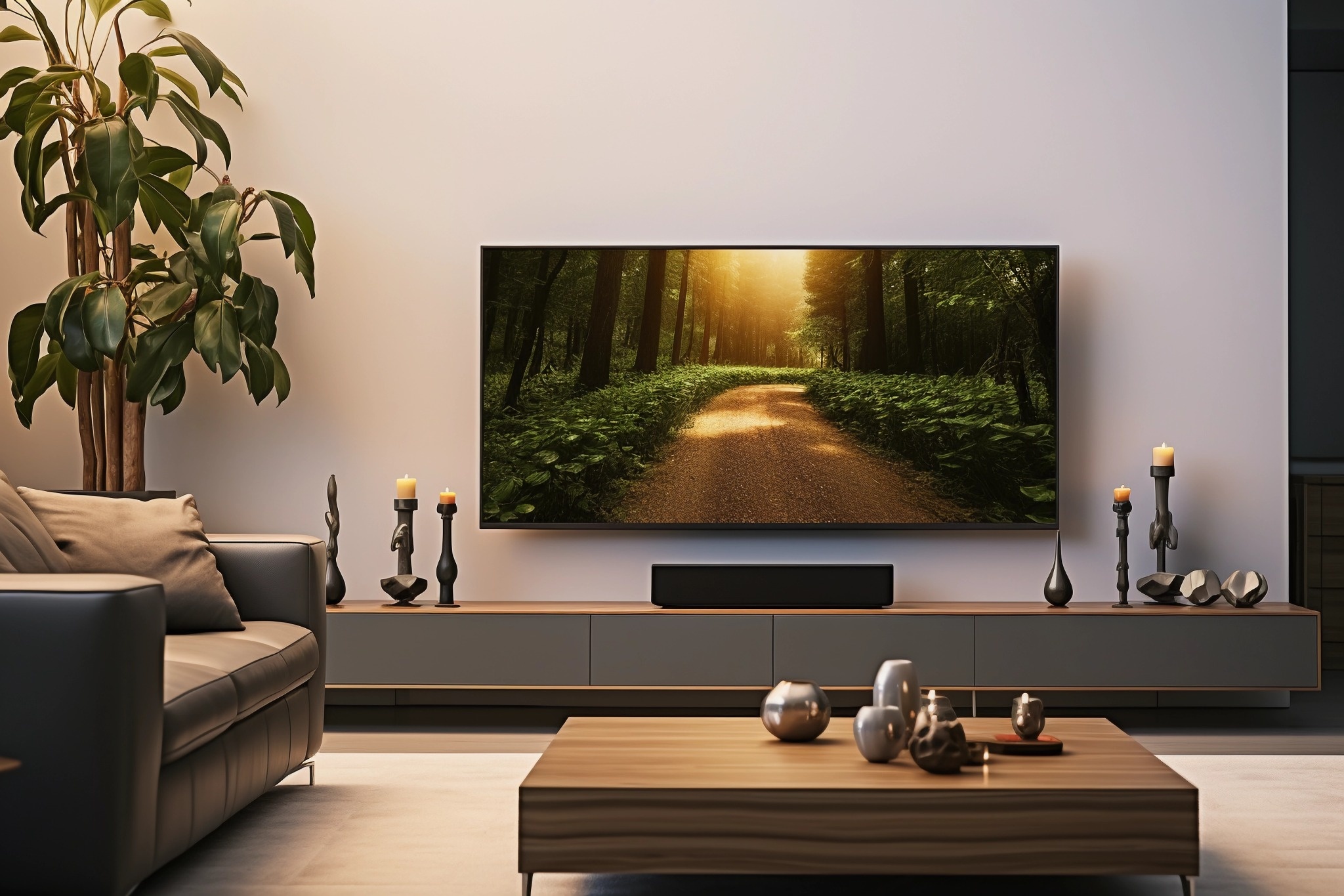Salon moderne avec mur TV design, grand écran, meuble bas et décoration élégante