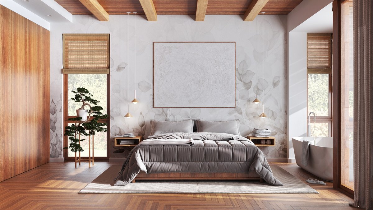 Chambre cocooning au style naturel avec lit en bois, tons beiges et lumière naturelle