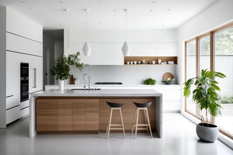 Cuisine moderne blanche avec îlot central en bois et tabourets design