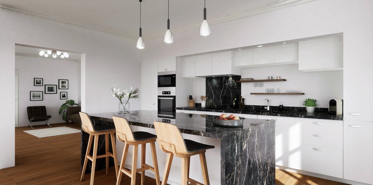Cuisine moderne blanche avec îlot central en marbre noir et tabourets en bois