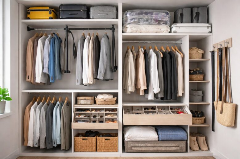 Aménagement d'un dressing compact optimisé pour petit espace avec penderies bois et métal et étagères de rangement.