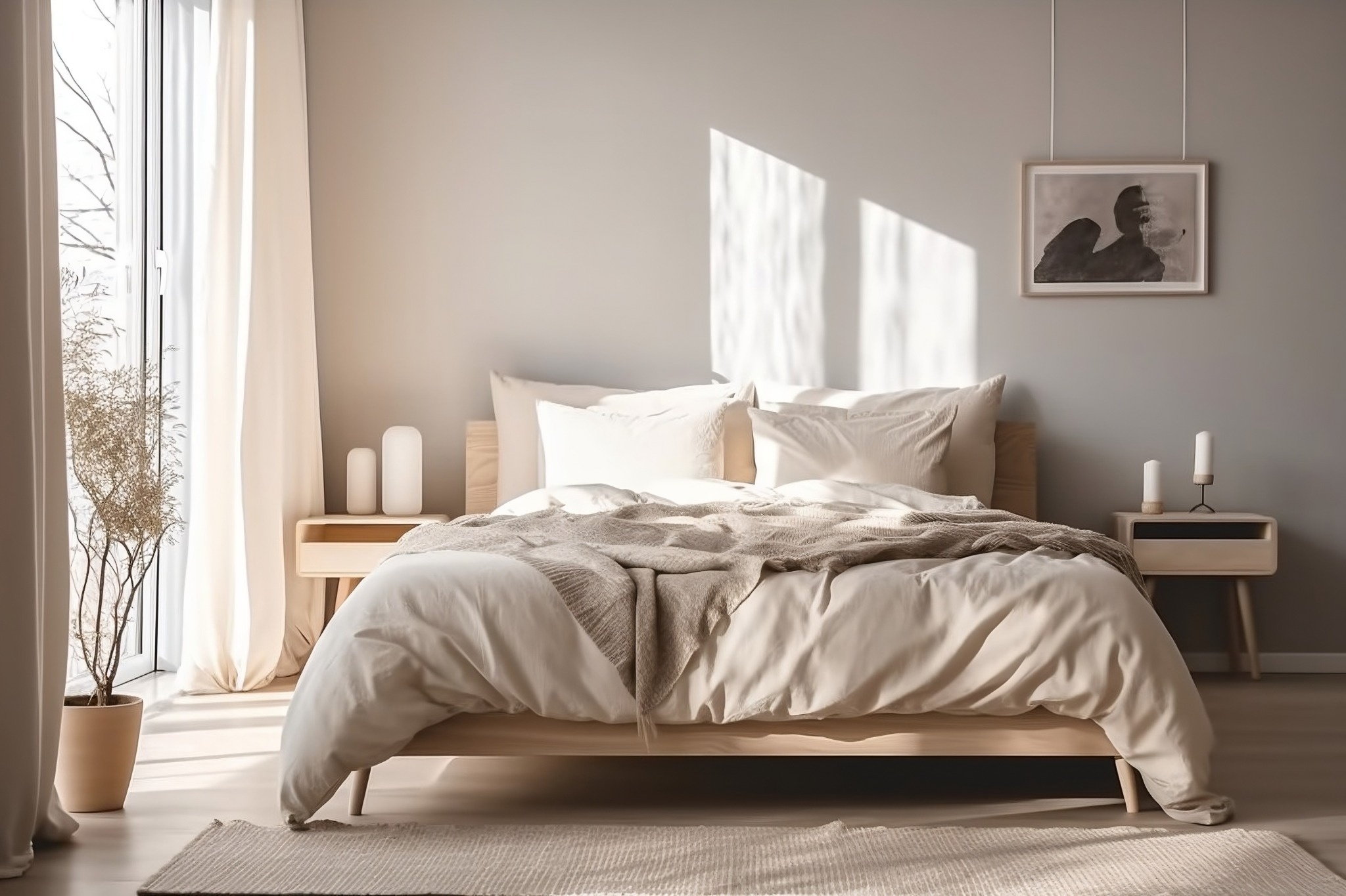 Décoration de chambre adulte naturelle avec un lit en bois massif, des draps en lin beige et une plante verte Monstera sur un chevet en bois brut.