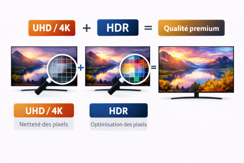 Schéma expliquant la différence entre la netteté de l'UHD 4K et la qualité des couleurs du HDR