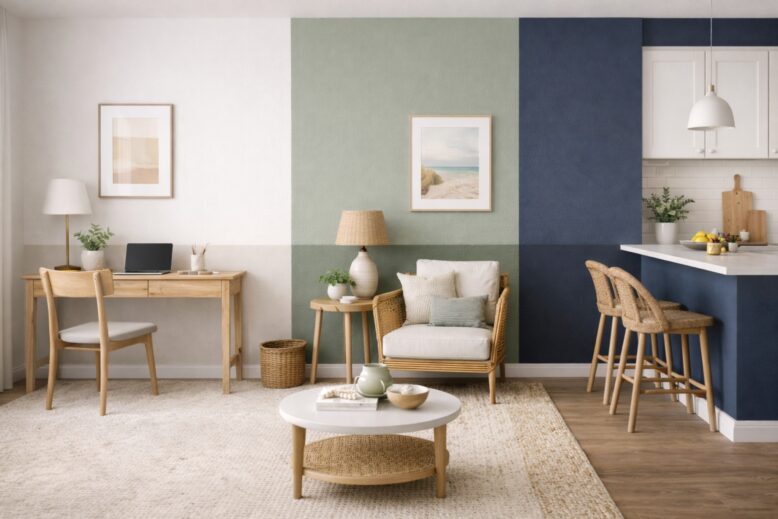Salon ouvert utilisant le color block avec des bandes de peinture verte et bleue pour délimiter les espaces bureau et détente.