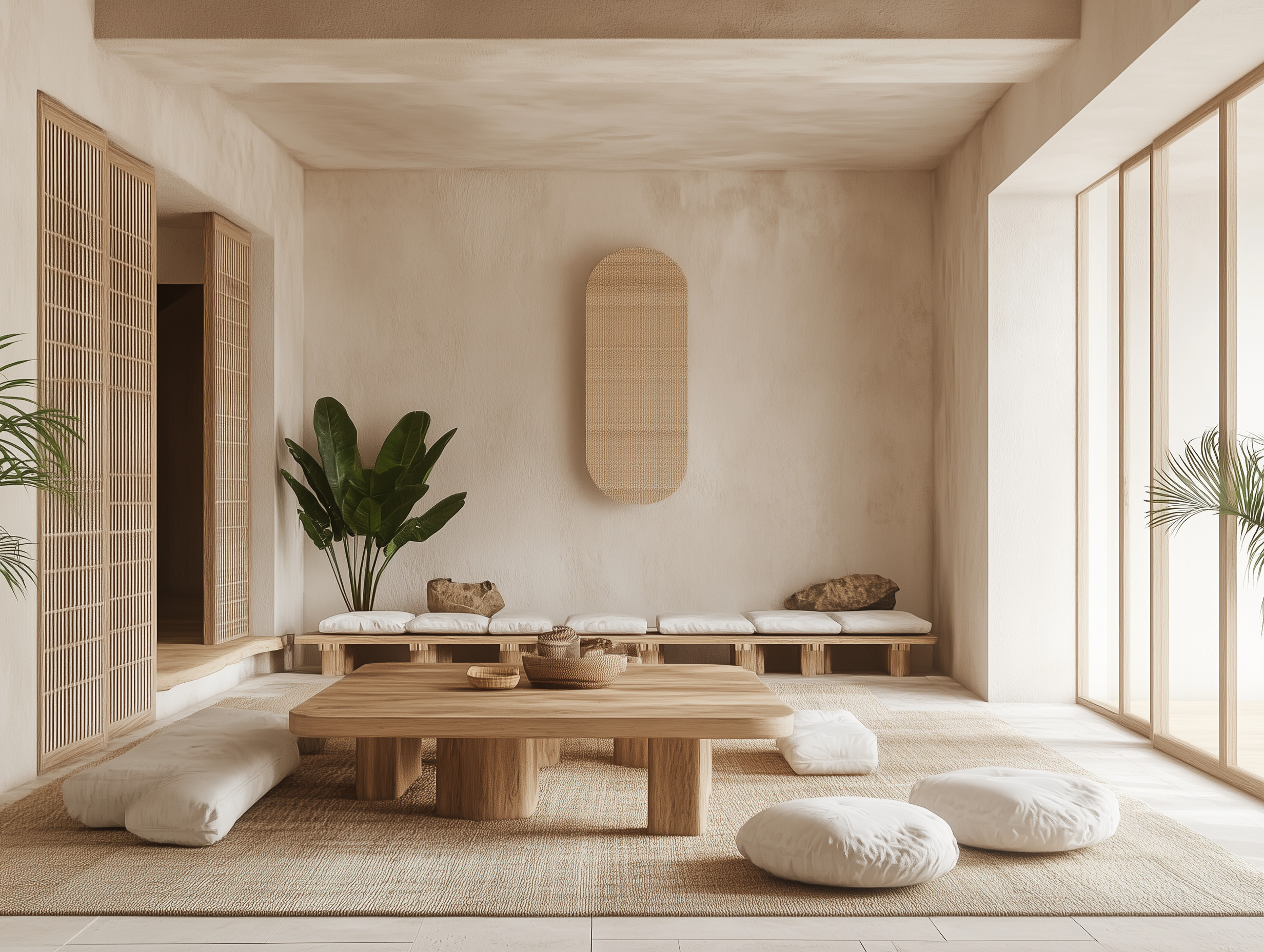 Salon Japandi minimaliste avec table basse en bois clair, coussins au sol et tons beige naturels