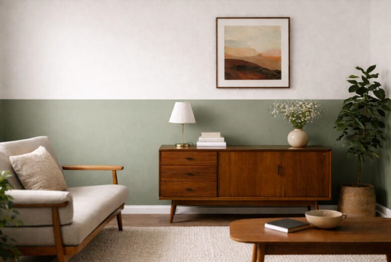 Salon moderne avec un soubassement peint en vert sauge derrière un buffet en bois vintage et un cadre minimaliste.