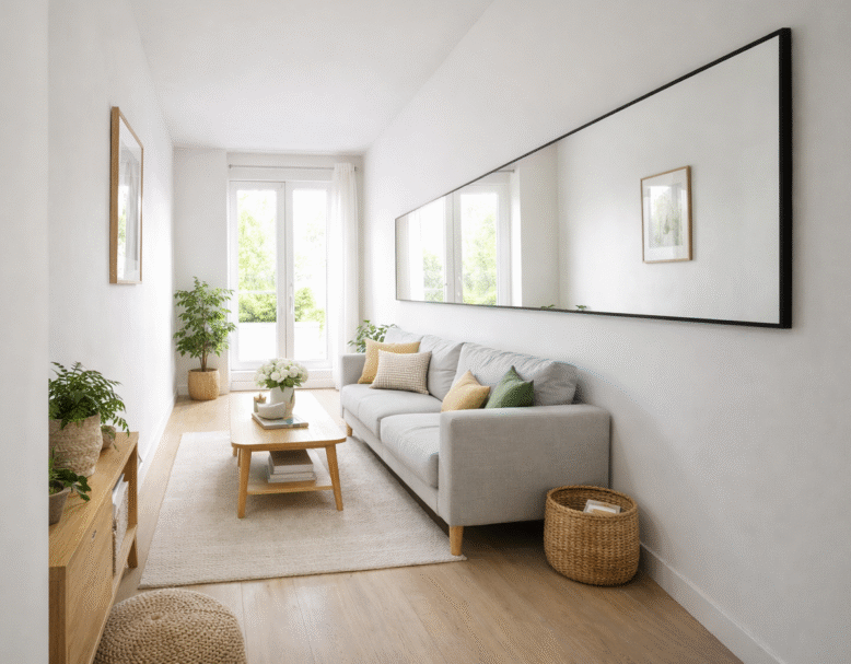 Salon moderne étroit avec un très grand miroir panoramique horizontal fixé au mur au-dessus d'un canapé gris, parquet clair et lumière naturelle.