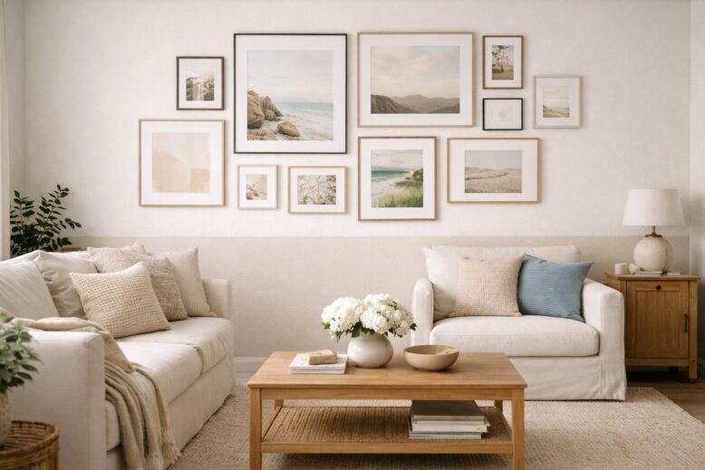 Mur de salon décoré avec une galerie de cadres photos et affiches aux teintes neutres au-dessus d'un canapé beige.