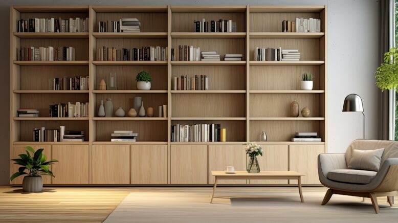 Grande bibliothèque en bois clair murale remplie de livres et d'objets déco pour habiller un mur de salon.