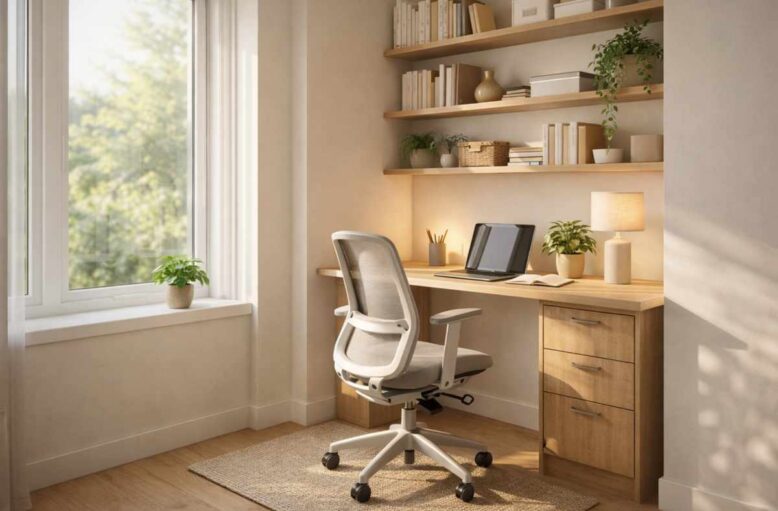 Aménagement d'un bureau minimaliste avec plateau en bois, pieds métalliques et étagères murales dans une pièce lumineuse.