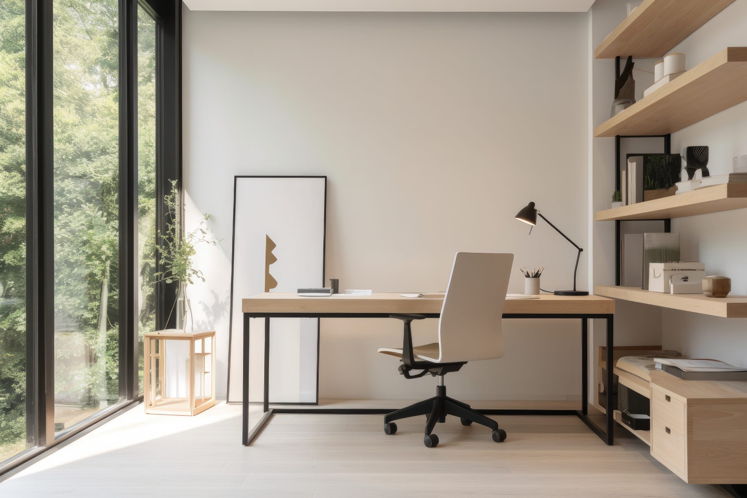 Bureau minimaliste en bois avec chaise ergonomique blanche près d'une fenêtre lumineuse pour le télétravail.