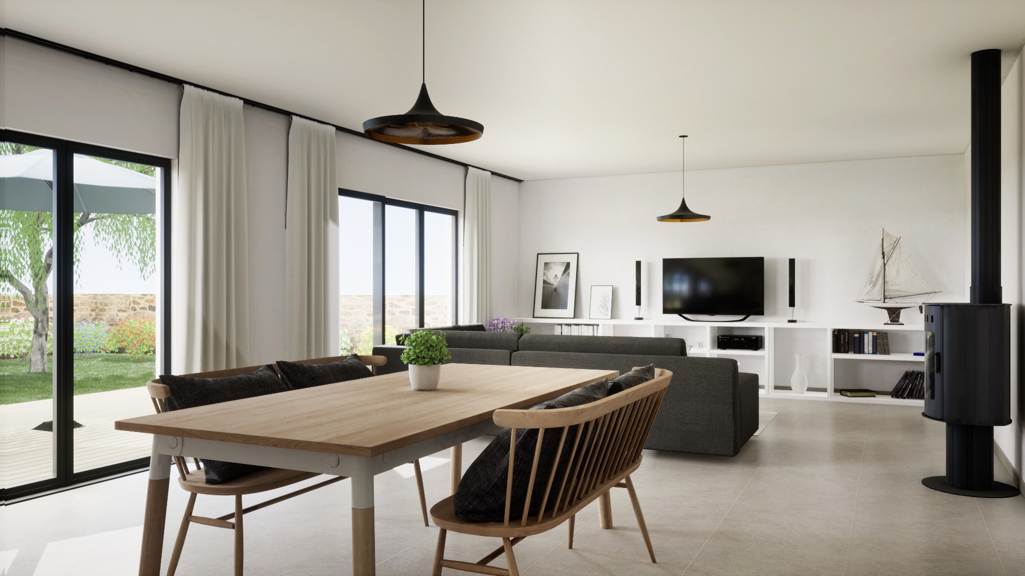 Salon et salle à manger d’une maison connectée moderne équipée d’objets domotiques