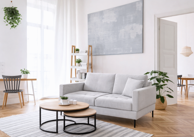 Éclairage tamisé et idée déco petit salon cosy avec lampadaire design et ambiance chaleureuse le soir.