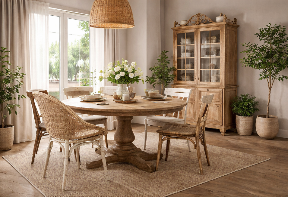 Salle à manger chic et campagne avec table en bois, vaisselier et décoration naturelle lumineuse