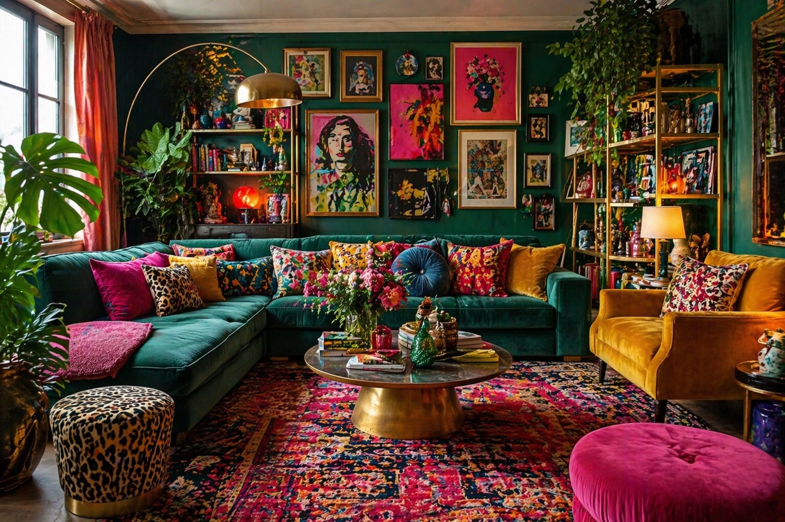 Salon maximaliste coloré avec canapé en velours, coussins à motifs et décoration riche
