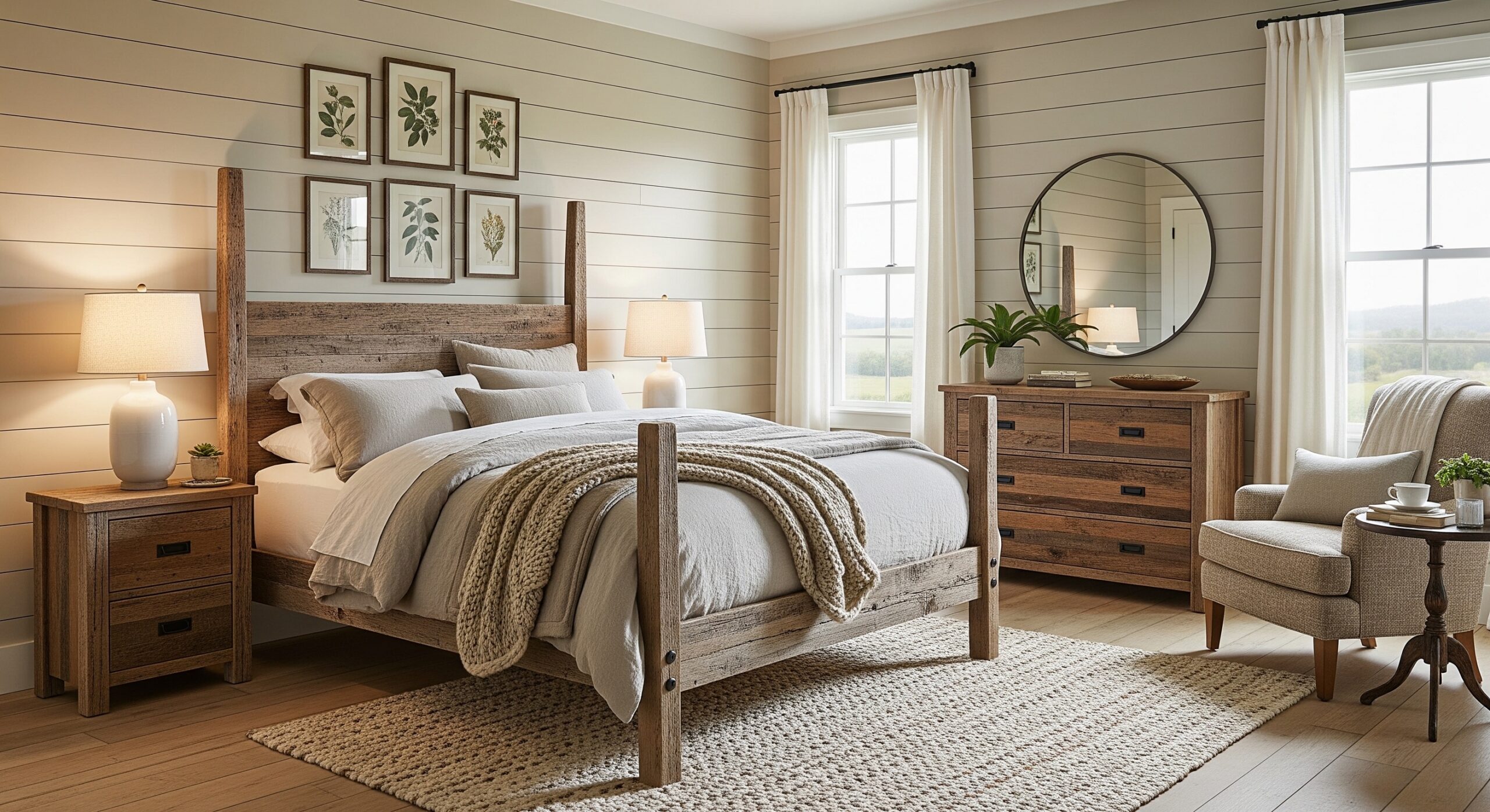 Chambre parentale rustique et lumineuse avec lit en bois massif, tapis beige et décoration de style farmhouse.