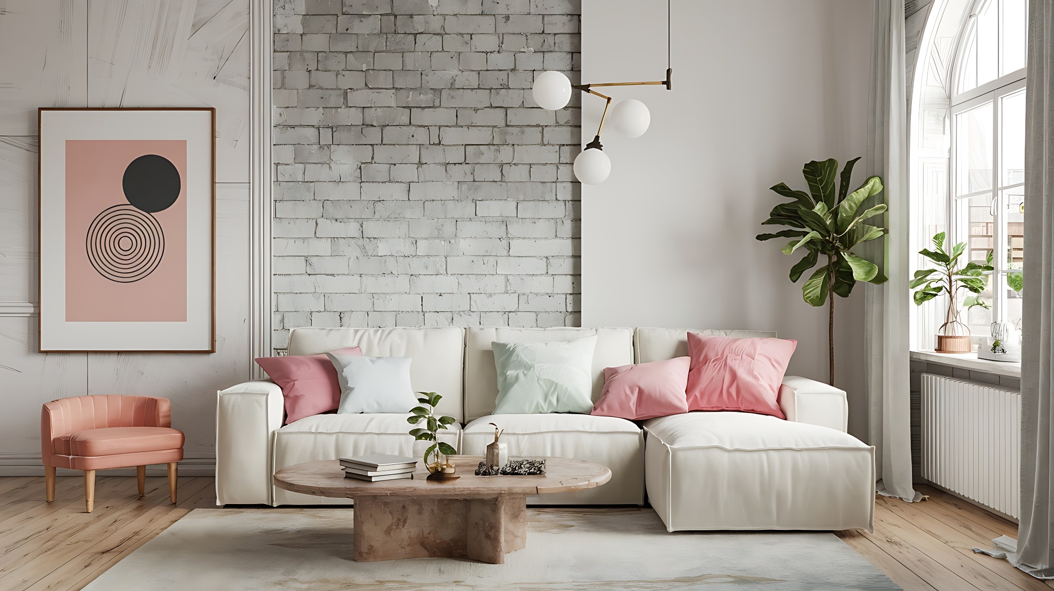 Salon moderne et lumineux avec canapé blanc, coussins roses et table basse en bois massif.
