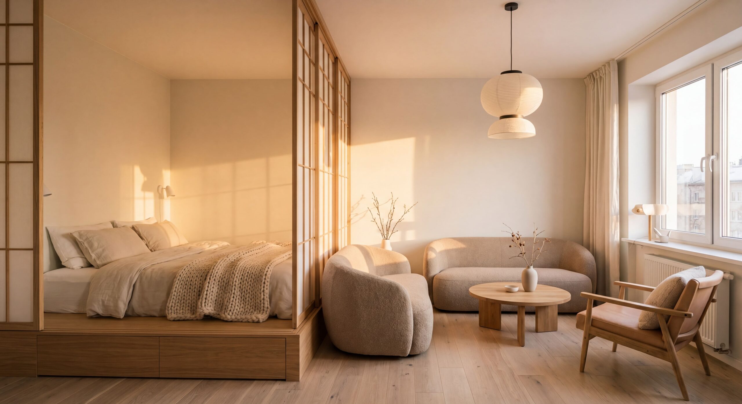 Aménagement d'un coin nuit dans un salon moderne séparé par une structure en bois.