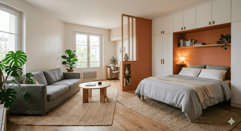 Une grande pièce lumineuse divisée entre un coin salon avec canapé et un coin nuit encastré dans une structure en bois avec un mur couleur terracotta.