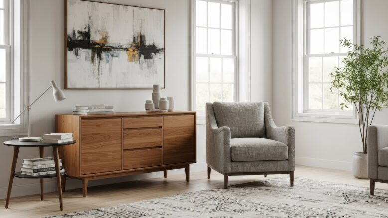 Un salon lumineux aménagé avec un meuble enfilade en bois à mi-hauteur, un fauteuil gris classique et un grand tableau abstrait au mur.