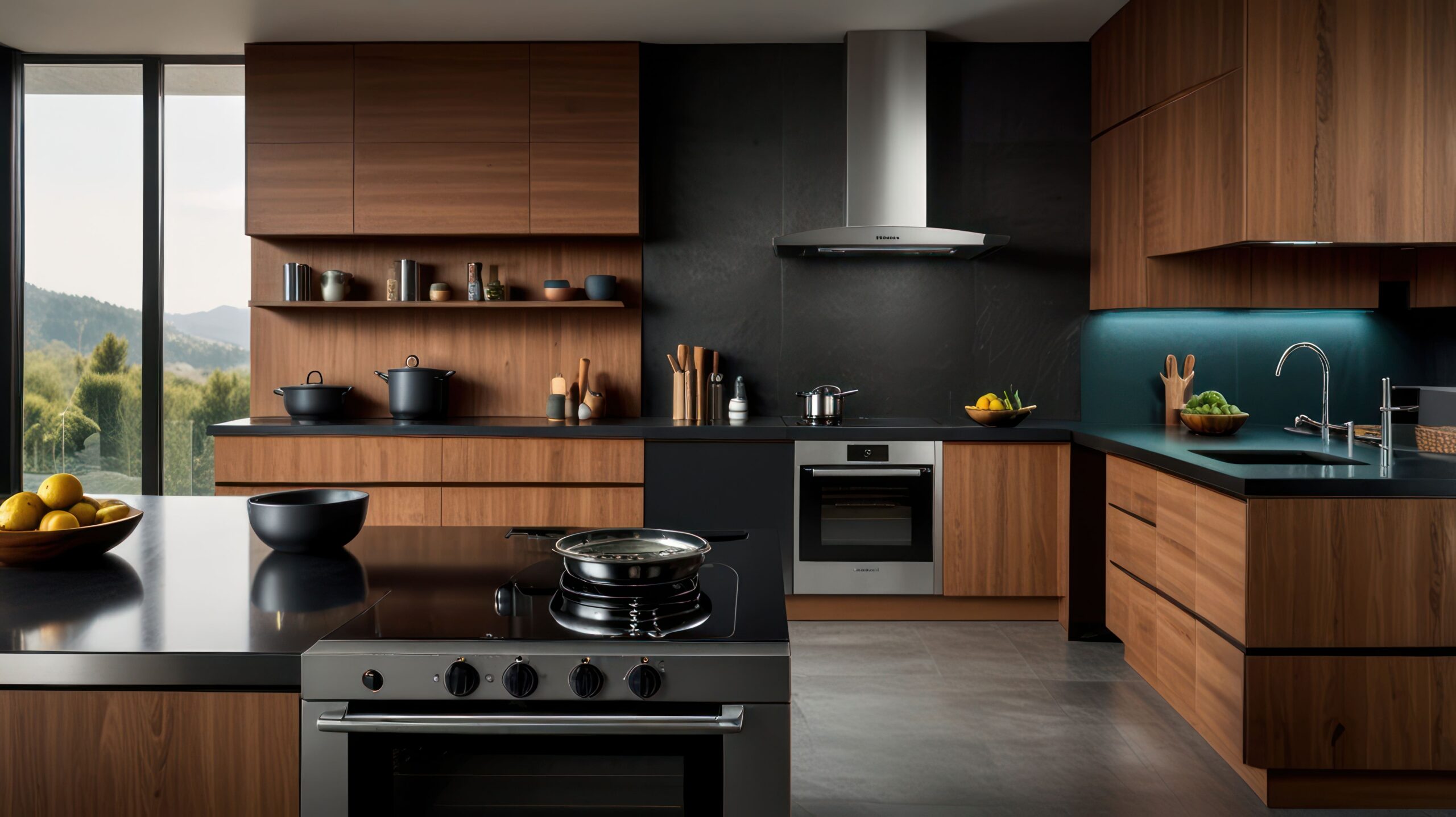 Aménagement d'une cuisine moderne avec meubles en bois et crédence noire mate équipée d'une hotte en inox.