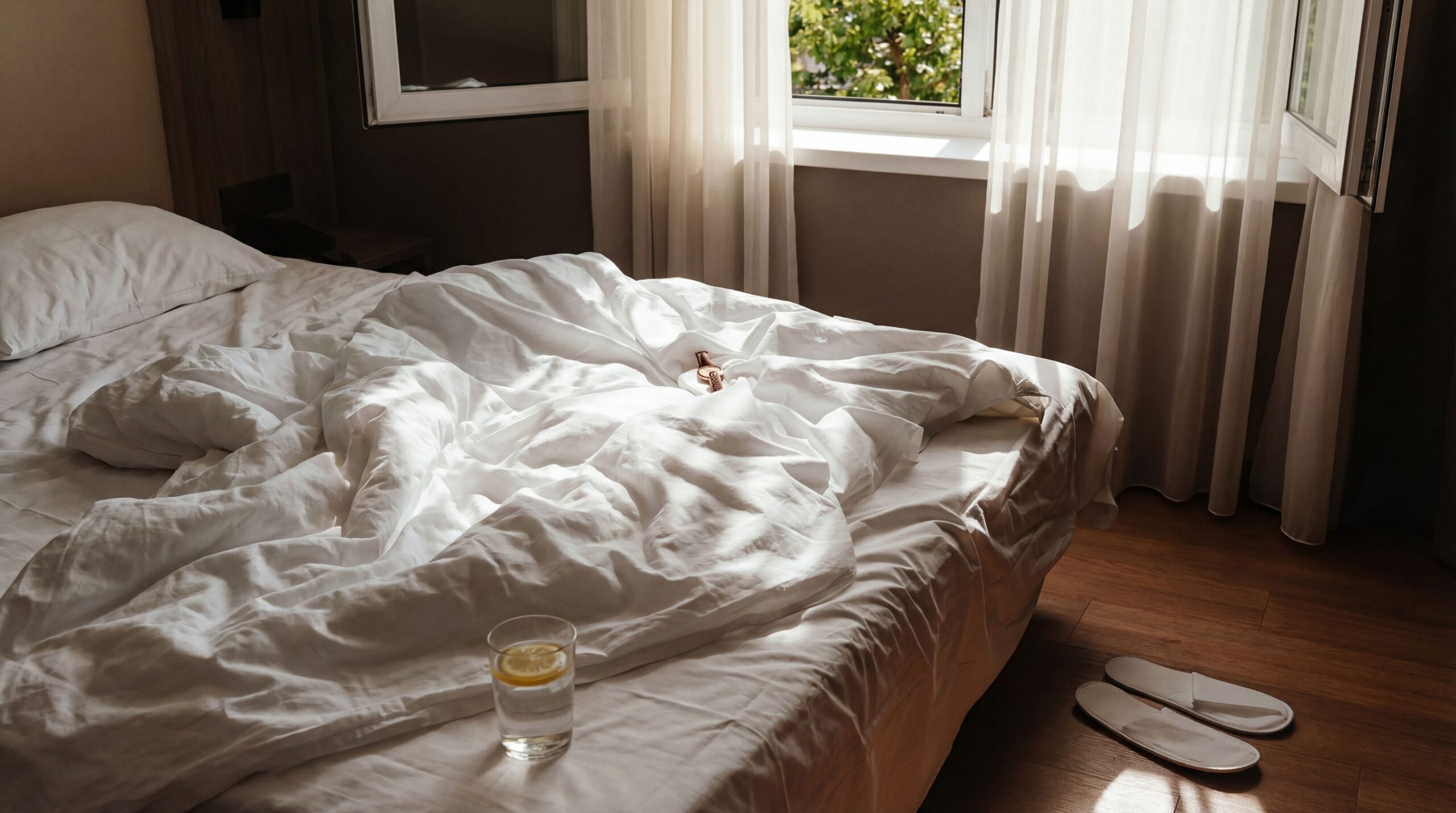 Lit défait avec des draps blancs légers et une couette d'été fine dans une chambre lumineuse.