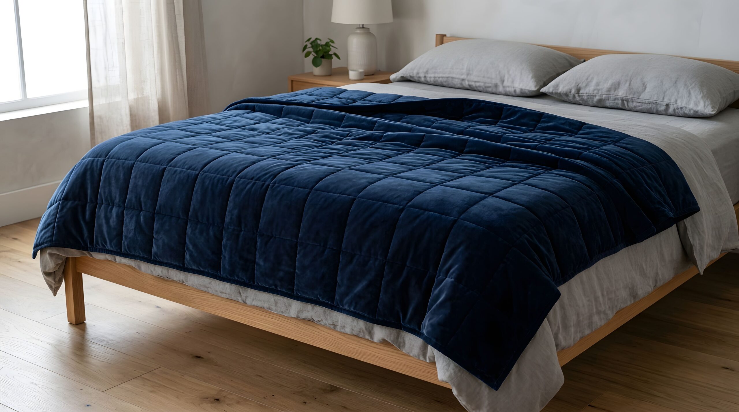 Couverture lestée bleue posée sur un lit en bois pour un sommeil apaisé