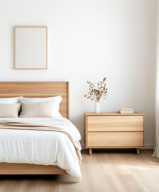 Lit douillet en bois clair avec couette chaude et tête de lit assortie dans une chambre bien isolée.