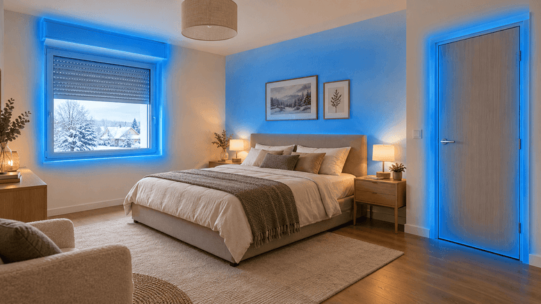 Chambre à coucher chaleureuse avec repérage lumineux bleu des zones froids autour de la fenêtre, de la porte et du mur extérieur.