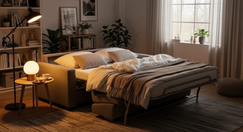 Canapé convertible beige déplié en lit double avec couette et coussins